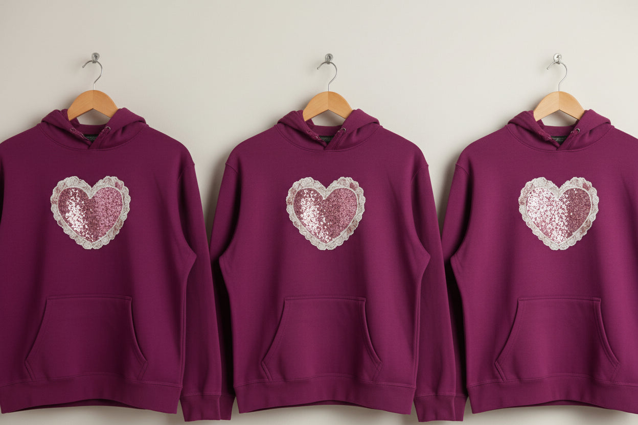 Purple hoodie with a pink heart design on a hanger against a white wall.