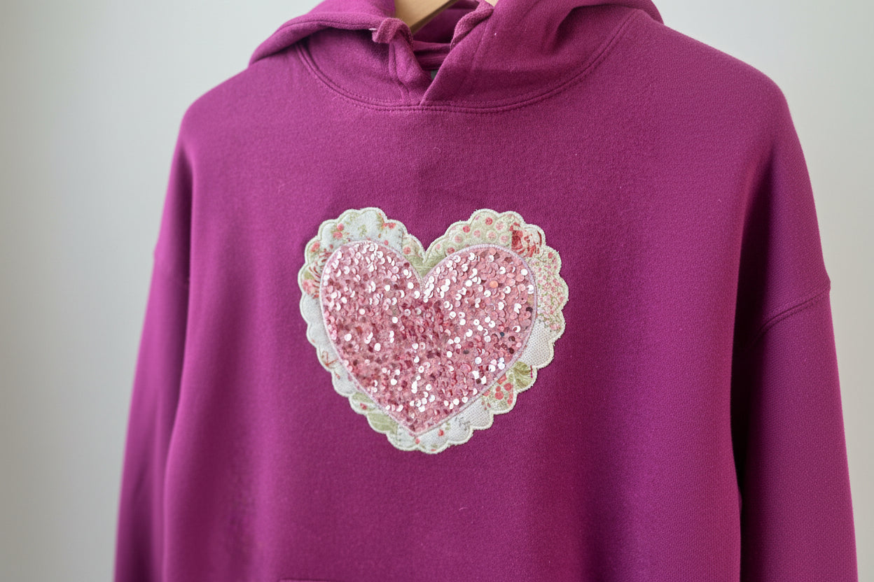 Purple hoodie with a pink glitter heart design on a white background