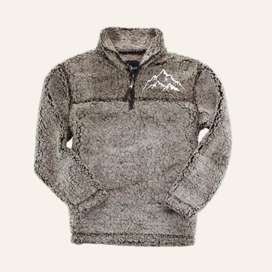 Gray fleece pullover with mountain logo on a beige background