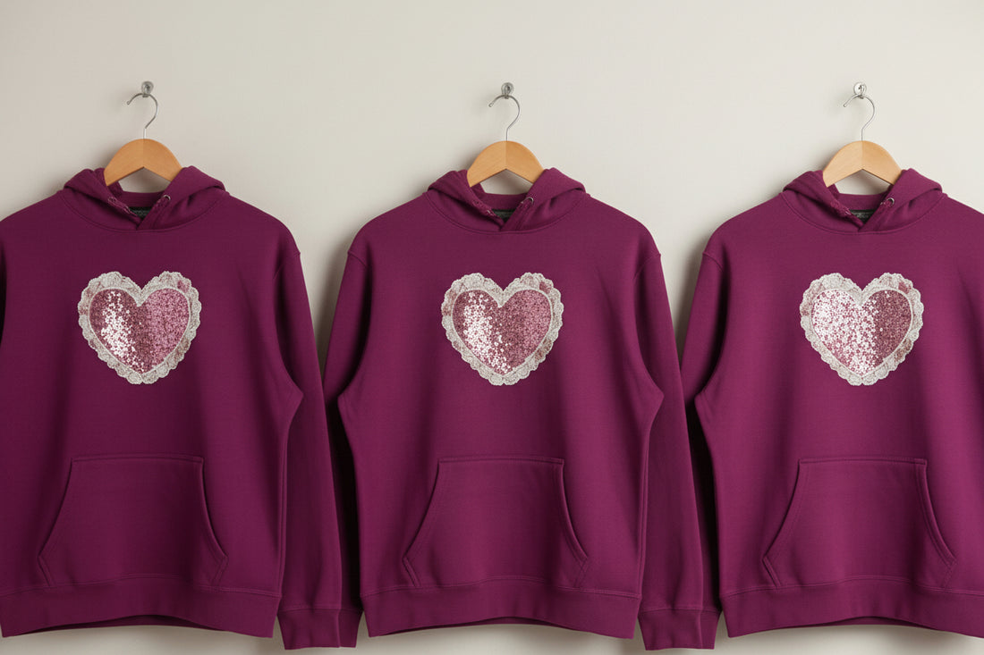 Purple hoodie with a pink heart design on a hanger against a white wall.