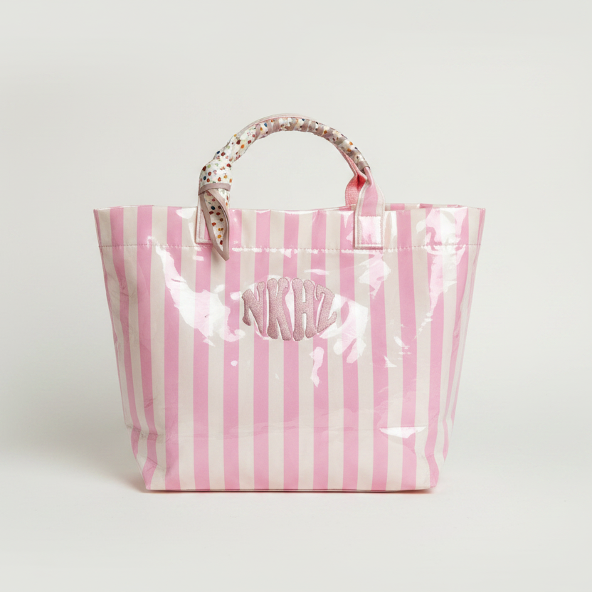 Pink striped monogram tote