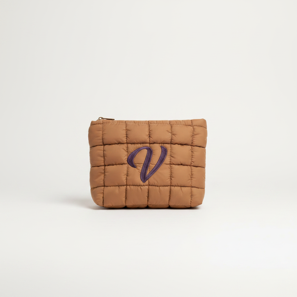 Tan quilted pouch - off white background