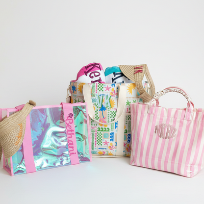 Tote bags on off-white studio background