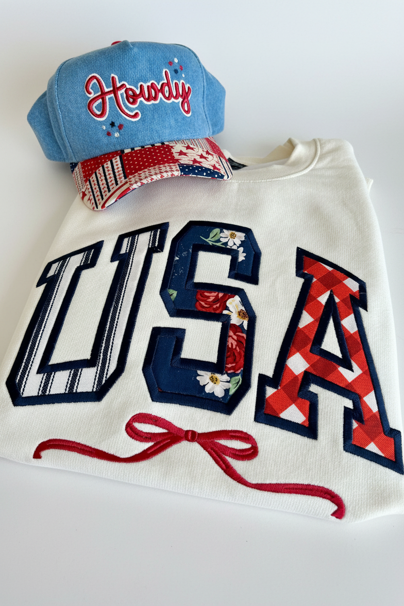 White + Pink USA Tees flat lay